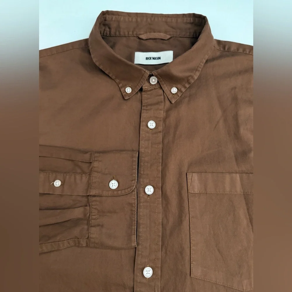BUCK MASON Shirt Mens L Skyline Poplin Button Down Chest Pocket Brown Cotton - Picture 2 of 14